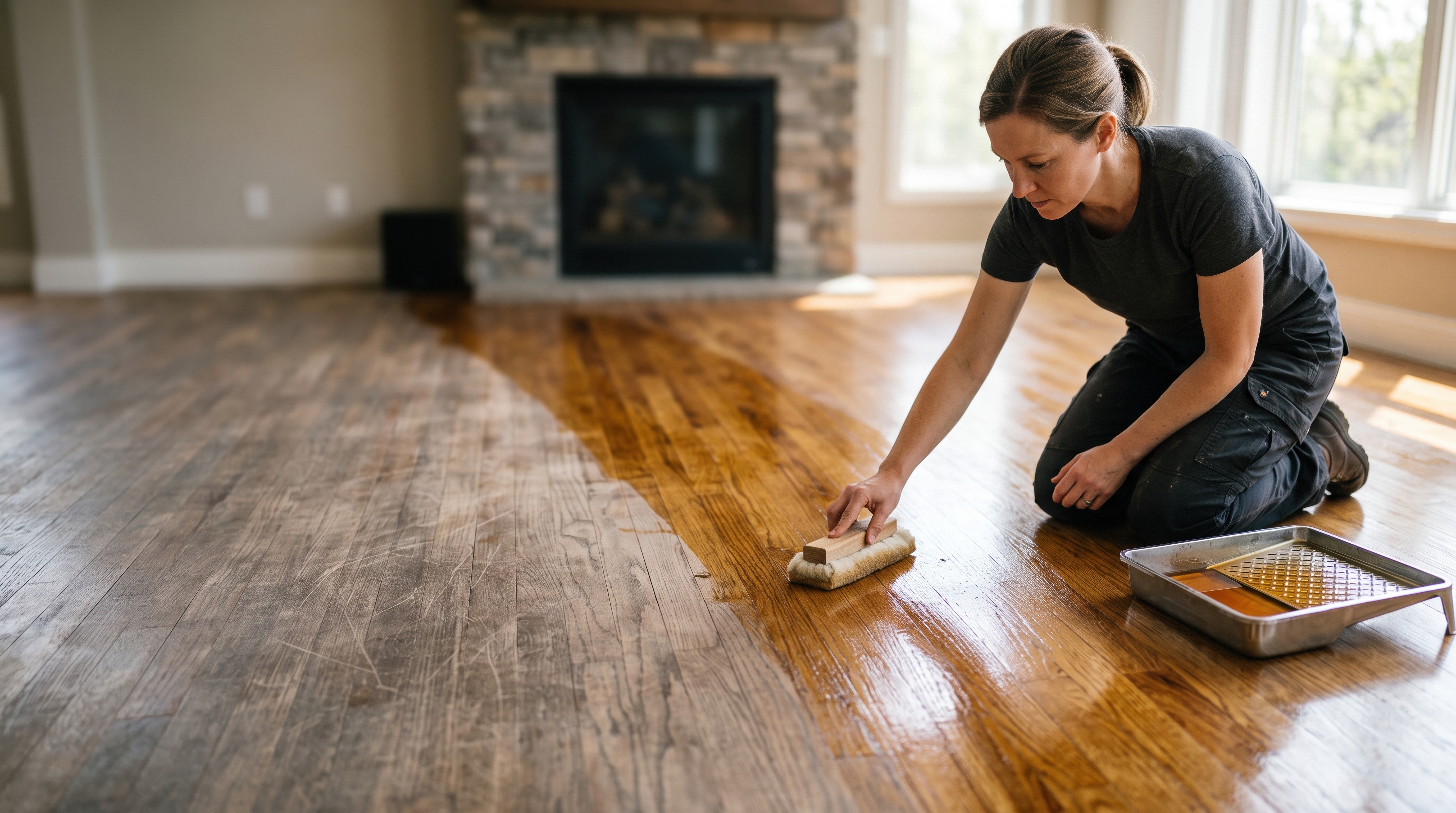 A woman kneeling on a hardwood floor, carefully applying a fresh coat of wood stain or varnish to restore its finish